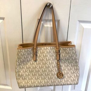 Michael Kors medium logo tote bag in white cream canvas with leather. Used